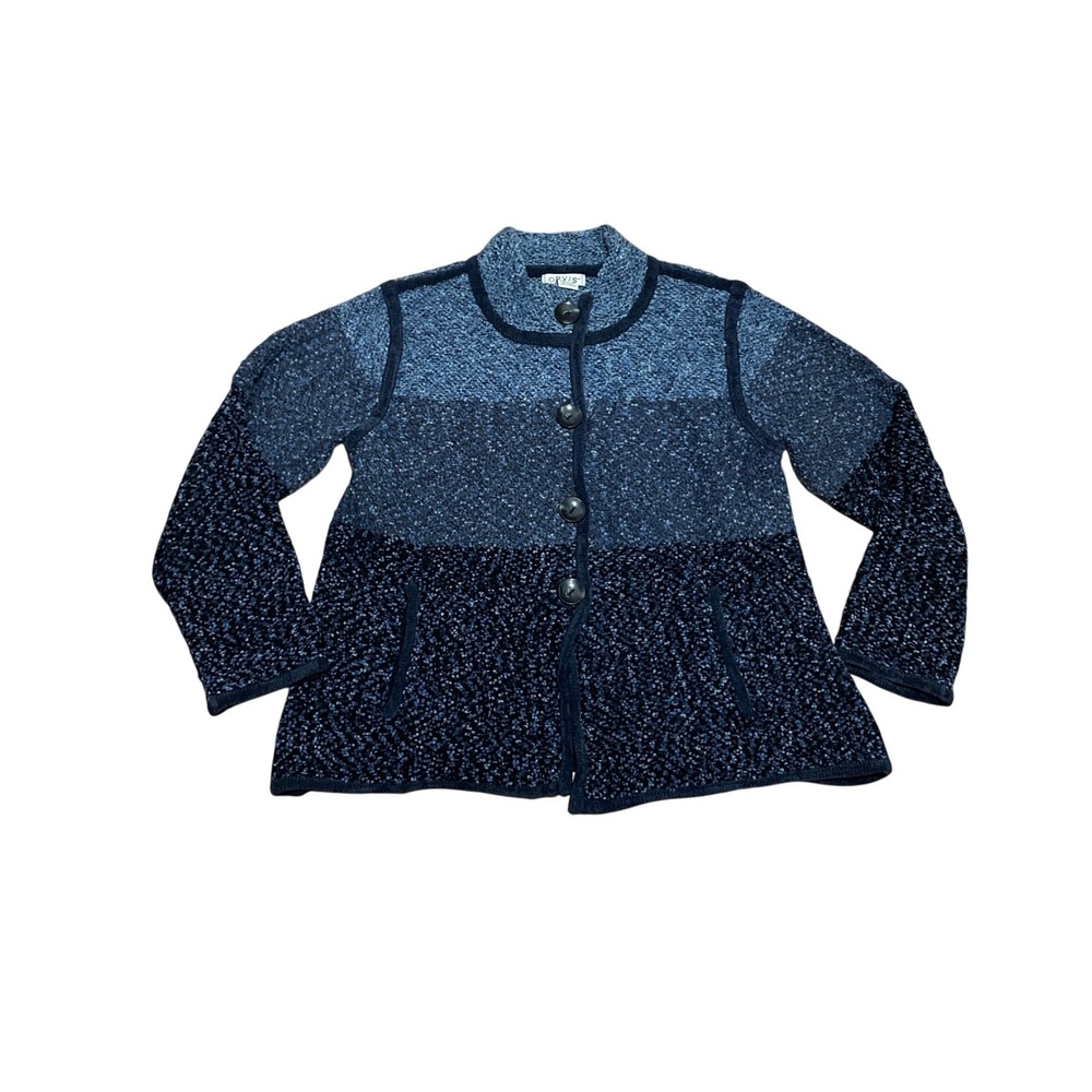 Orvis Women's Large Blue Colorblock Boucle Knit Button Front Cardigan Sweater